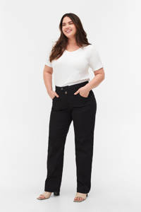 Zwarte dames Zizzi high waist straight fit jeans lengtemaat 32 van stretchdenim met rits- en knoopsluiting
