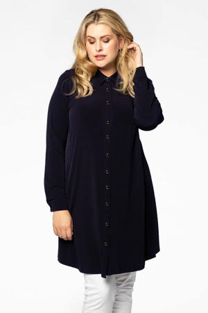 blouse van travelstof DOLCE met plooien donkerblauw