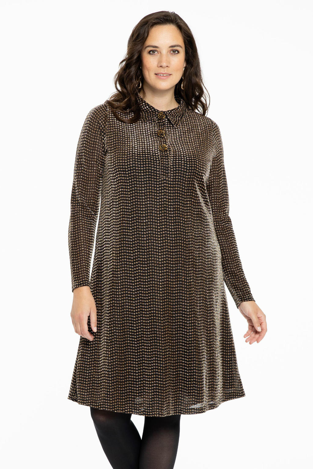 Yoek semi-transparante jurk met all over print en glitters zwart/brons