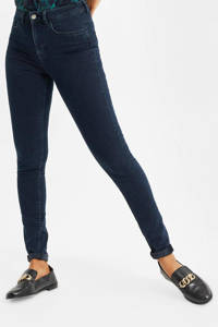 Donkerblauwe dames WE Fashion Blue Ridge high waist skinny jeans blue van katoen met rits- en knoopsluiting