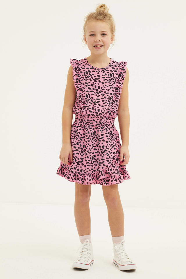 Intrekking pint eiland Cars jurk Xuxa met panterprint en ruches roze/zwart | wehkamp