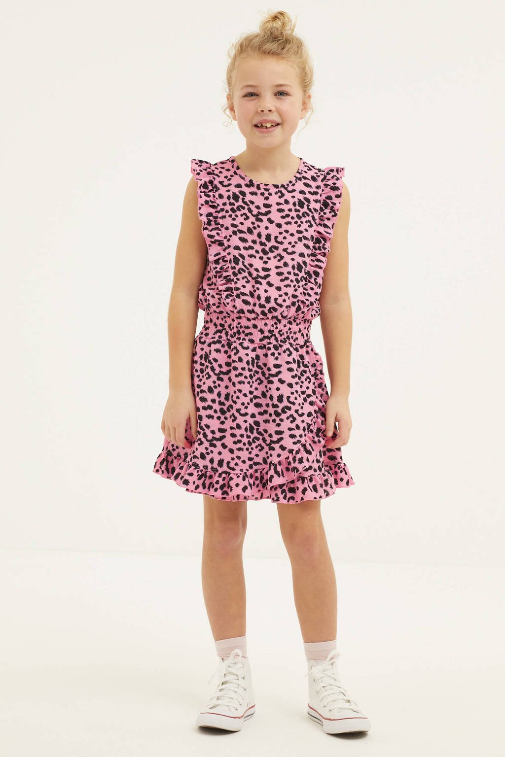 Intrekking pint eiland Cars jurk Xuxa met panterprint en ruches roze/zwart | wehkamp