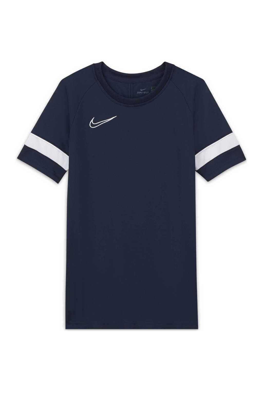 Donkerblauw en witte jongens en meisjes Nike Junior voetbalshirt van polyester met logo dessin, korte mouwen en ronde hals