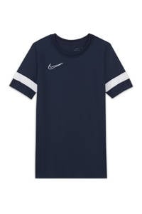 Donkerblauw en witte jongens en meisjes Nike Junior voetbalshirt van polyester met logo dessin, korte mouwen en ronde hals