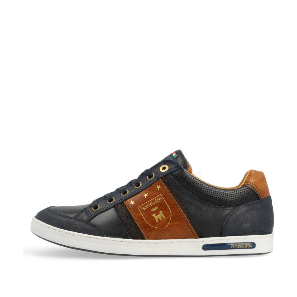 Pantofola d'Oro Mondovi Uomo Low leren sneakers donkerblauw, Donkerblauw/Cognac