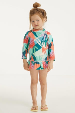 baby crop bikini + UV 50+ top met all over print groen/oranje
