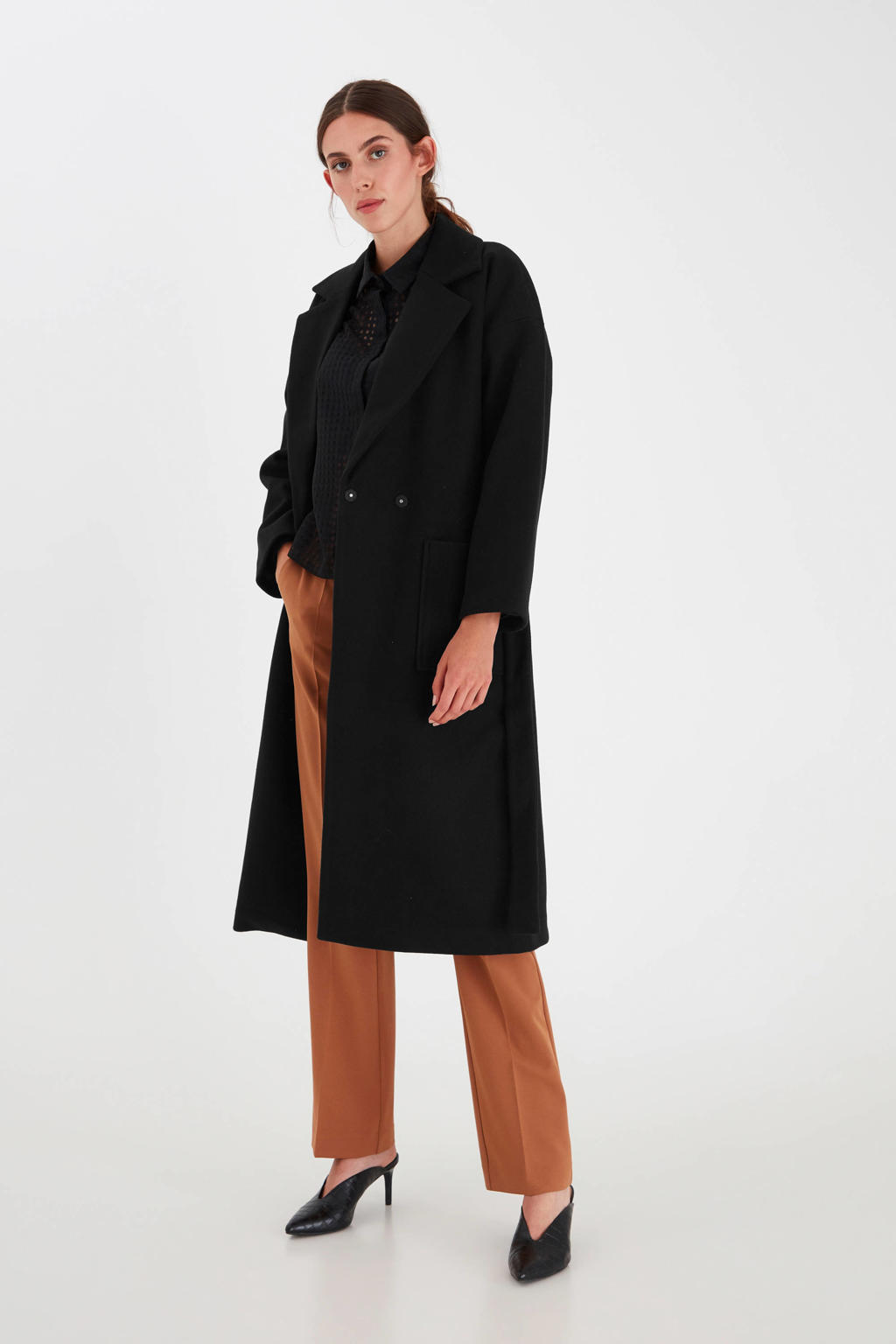 Zwarte dames ICHI coat van polyester met lange mouwen, reverskraag en knoopsluiting