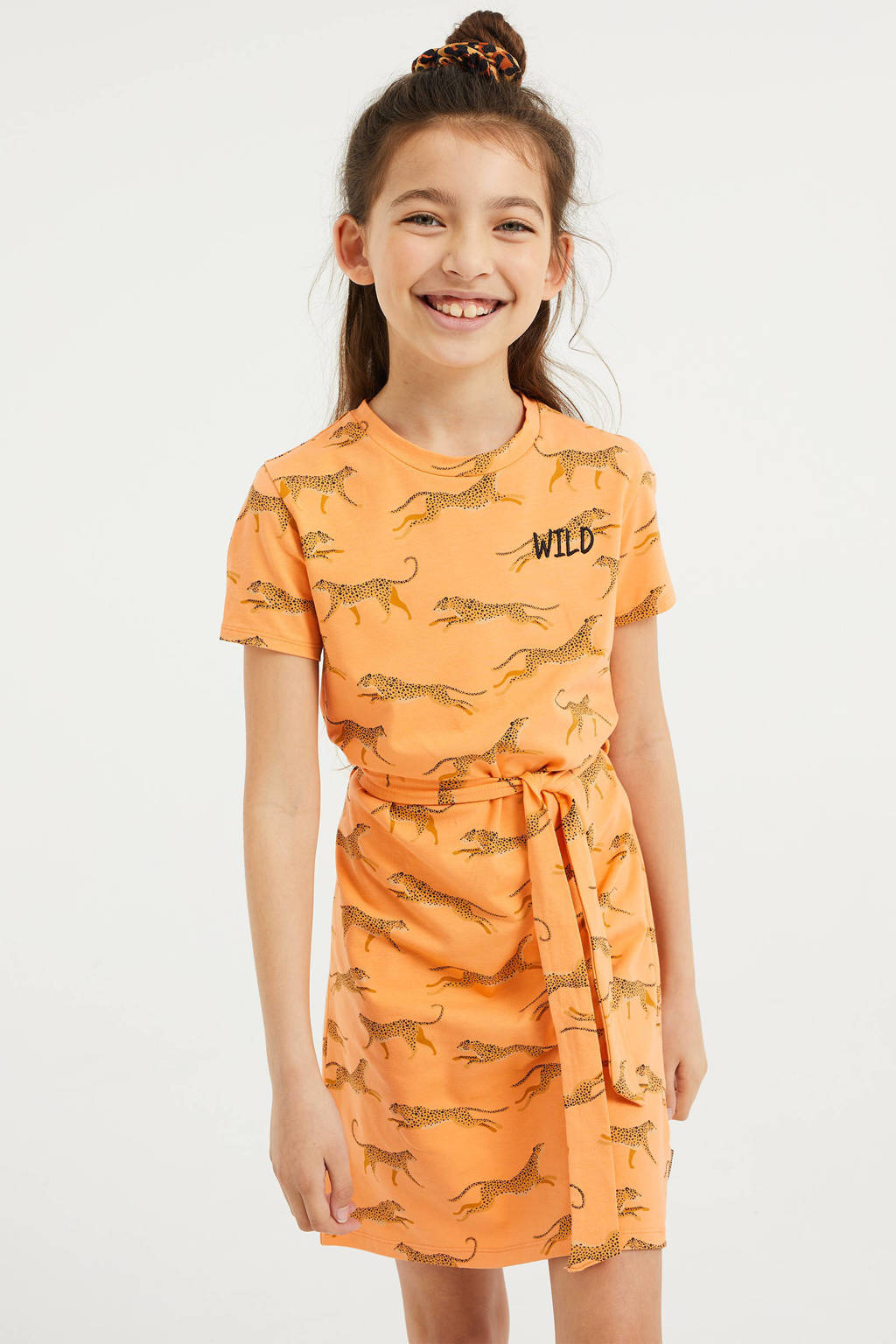 WE Fashion jurk met dierenprint en borduursels oranje |
