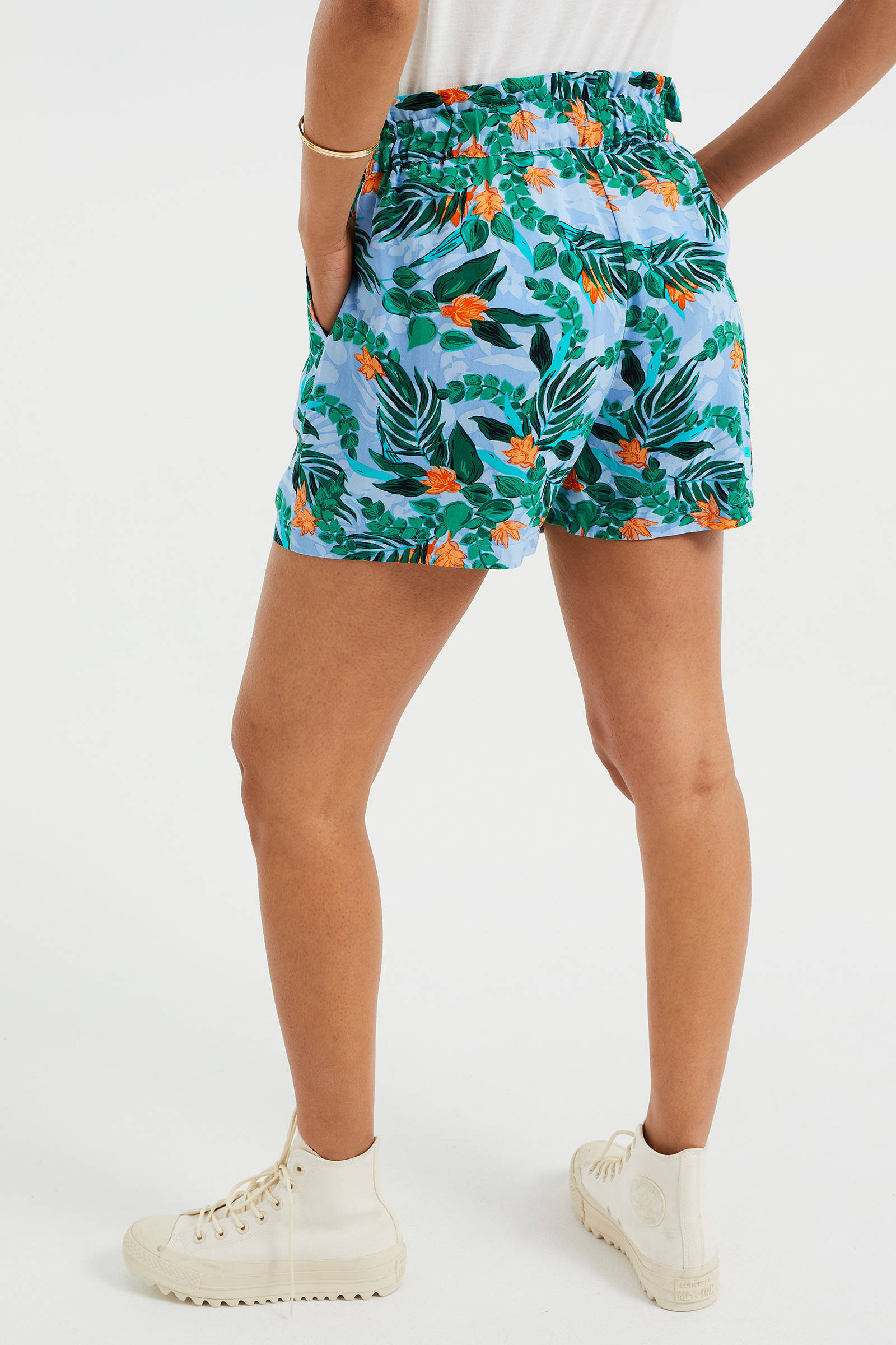 WE Fashion high waist wide leg korte broek met bladprint  groen/lichtblauw/oranje | wehkamp
