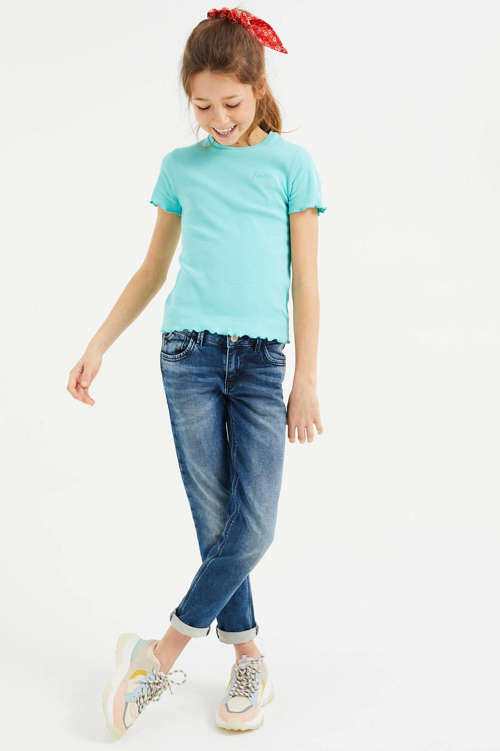 WE Fashion T-shirt met borduursels en ruches - turquoise