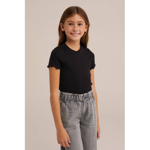 WE Fashion ribgebreid T-shirt met borduursels zwart afbeelding