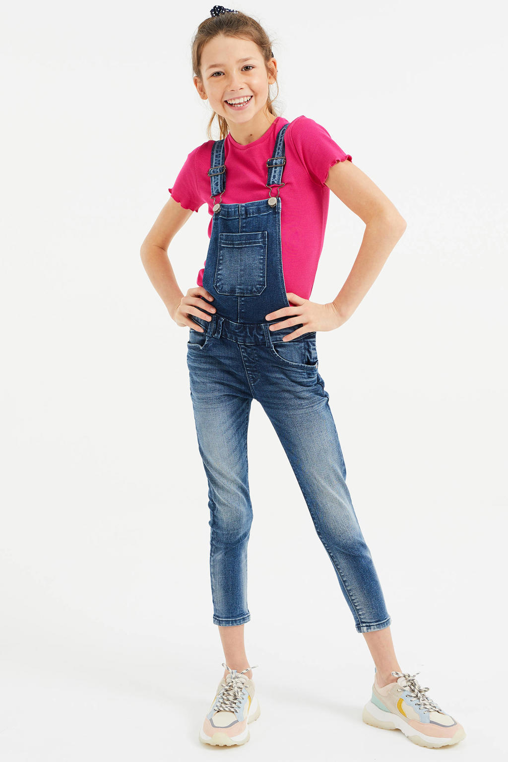 WE Fashion ribgebreid T-shirt met borduursels fuchsia
