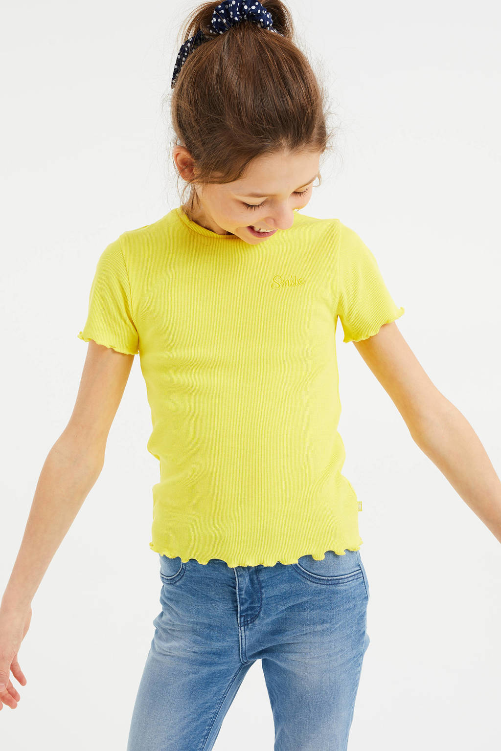 Isoleren gespannen mijn WE Fashion ribgebreid T-shirt met borduursels geel | wehkamp