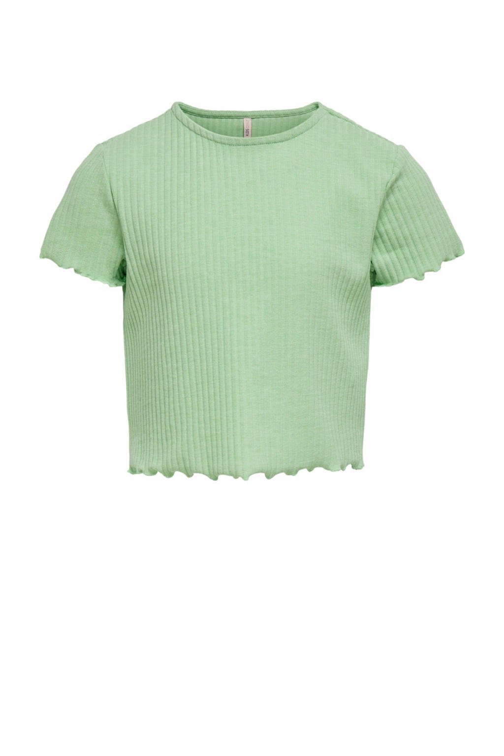 Lichtgroene meisjes KIDS ONLY GIRL ribgebreide top met effen, korte mouwen en ronde hals
