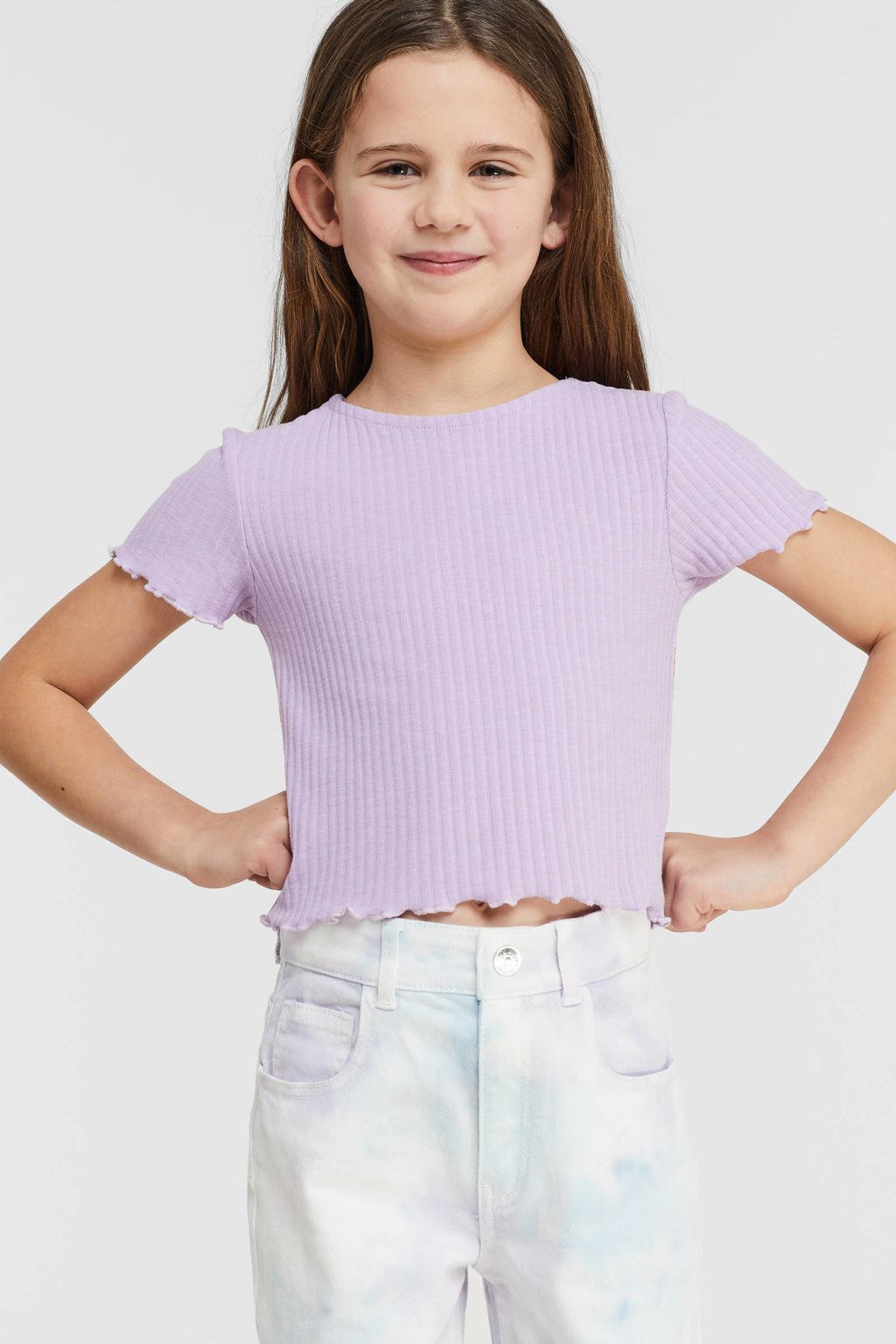 Lilakleurige meisjes KIDS ONLY GIRL ribgebreid T-shirt met effen, korte mouwen en ronde hals