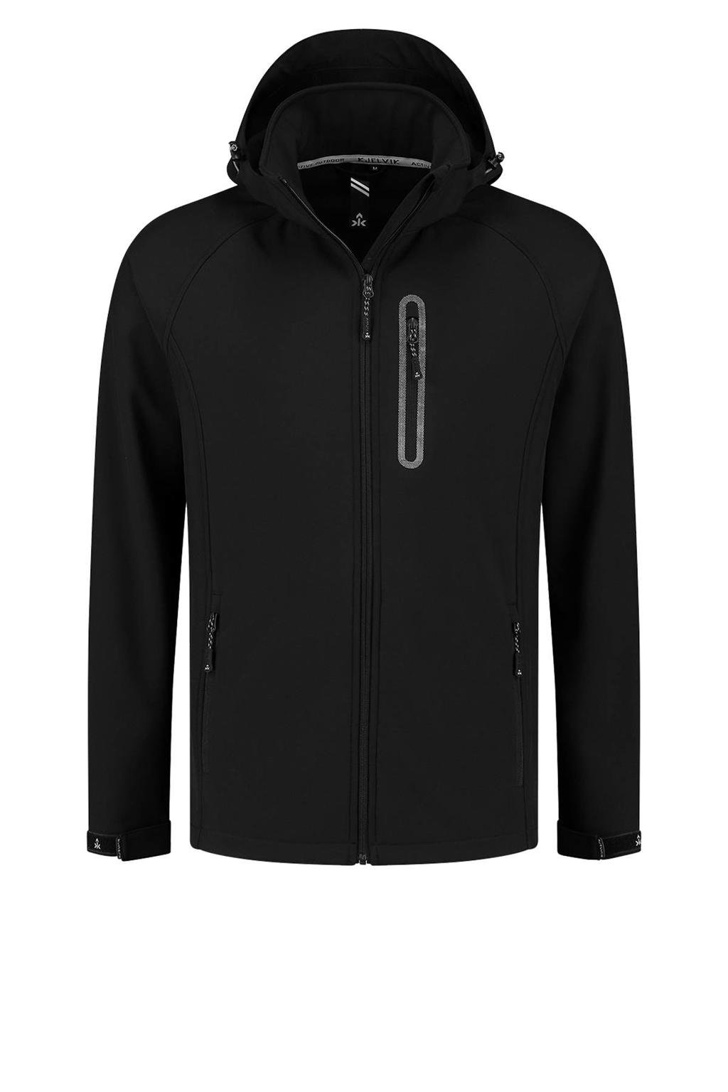 Zwarte heren Kjelvik outdoor jas Kevan van polyester met logo dessin, lange mouwen, capuchon en ritssluiting