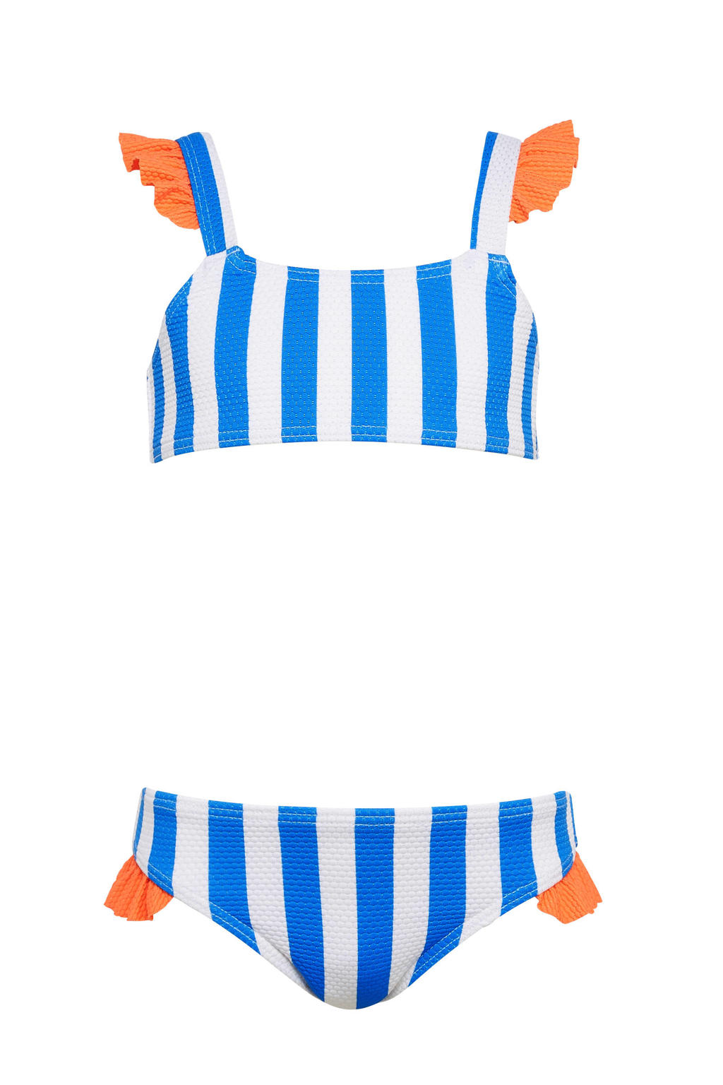 BEACHWAVE baby girls gestreepte crop bikini met ruches blauw/wit