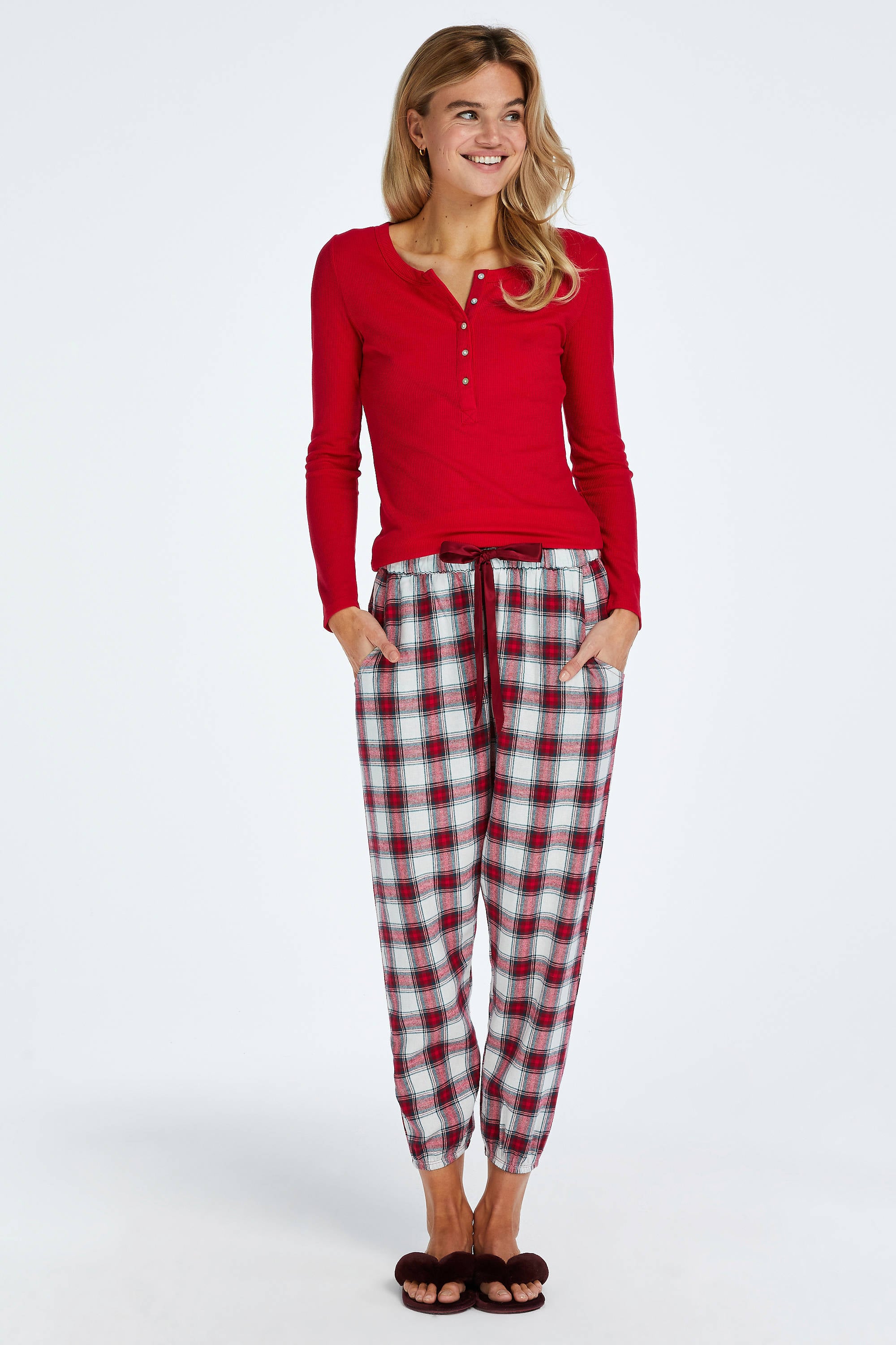 Hunkemöller geruite pyjamabroek Twill rood/wit | wehkamp