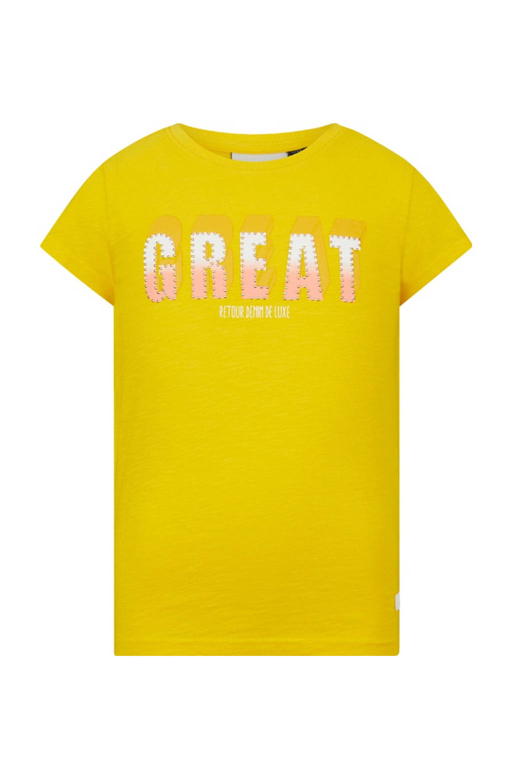 Gele meisjes Retour Denim T-shirt Victoria van biologisch katoen met tekst print, korte mouwen en ronde hals