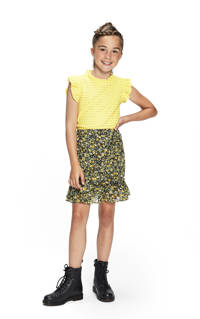 Gele meisjes Retour Denim top Fay van polyester met kapmouwtjes, ronde hals, knoopsluiting en broderie