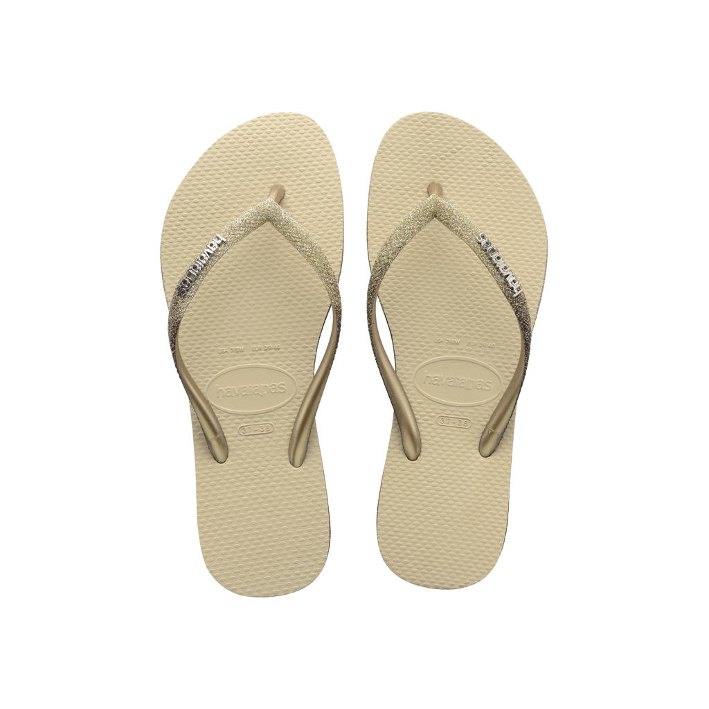 Zandkleurige dames Havaianas Slim Sparkle II teenslippers met glitters van rubber/voering: rubber
