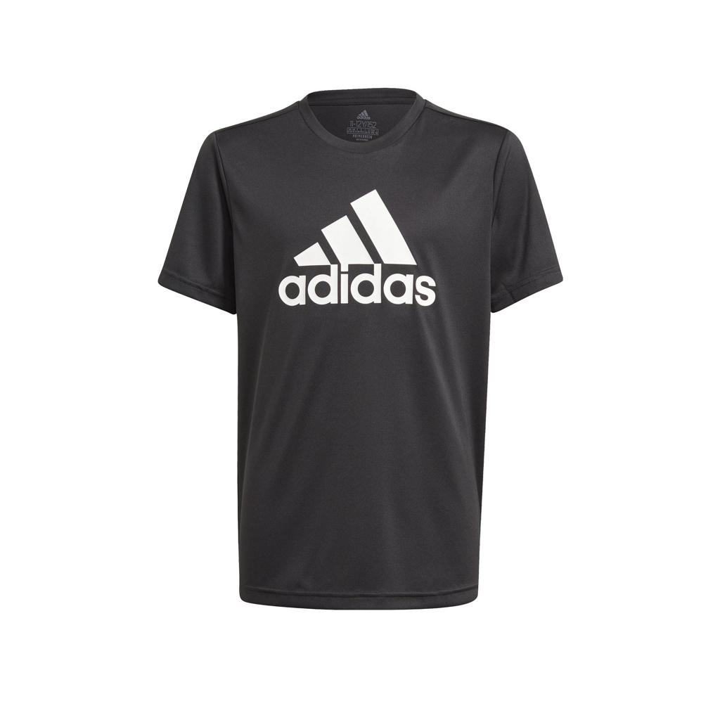 Zwart en witte jongens adidas Performance sport T-shirt van katoen met logo dessin, korte mouwen en ronde hals