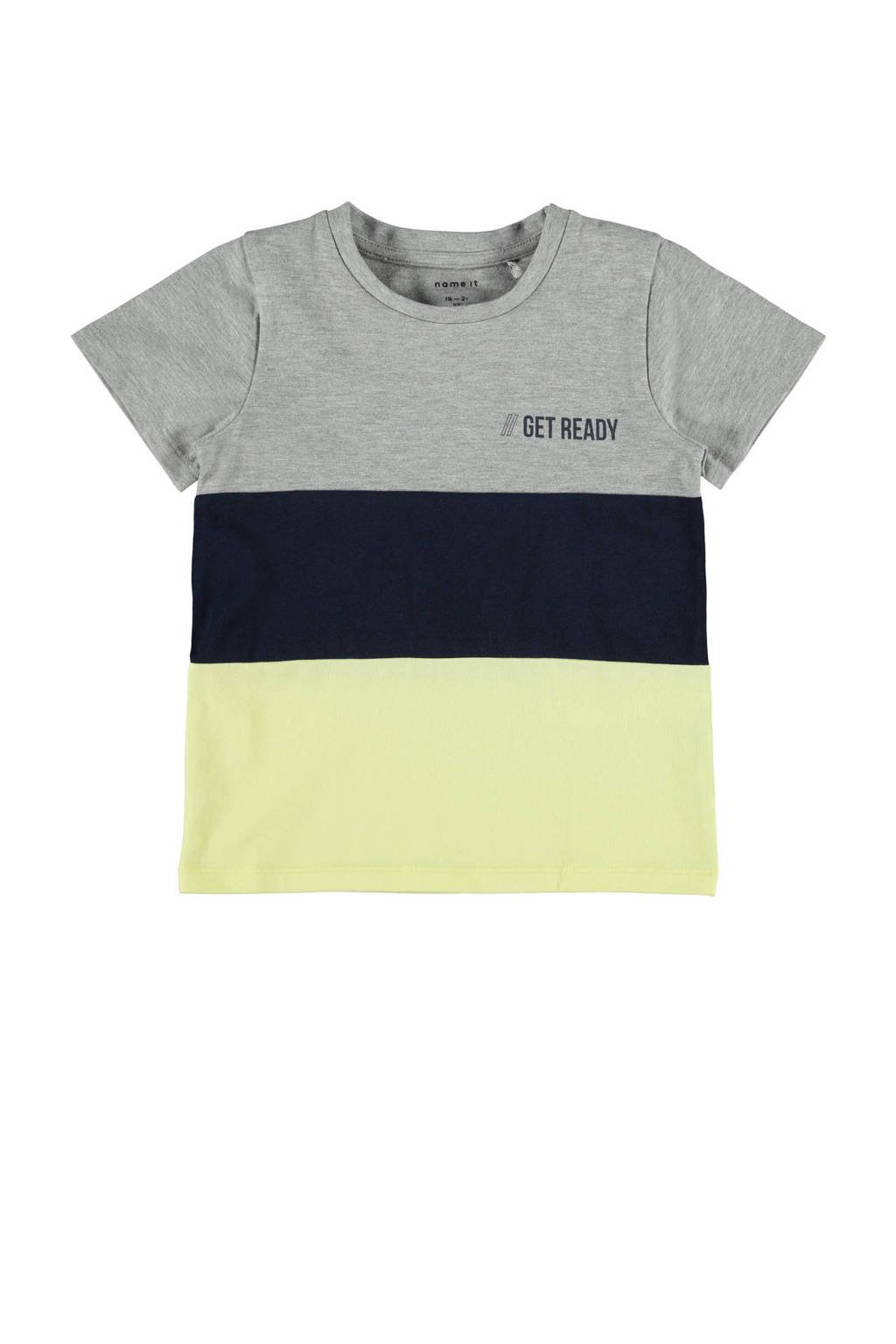 NAME IT MINI gestreept T-shirt Dallo met biologisch katoen grijs melange/donkerblauw/lichtgeel, Grijs melange/donkerblauw/lichtgeel