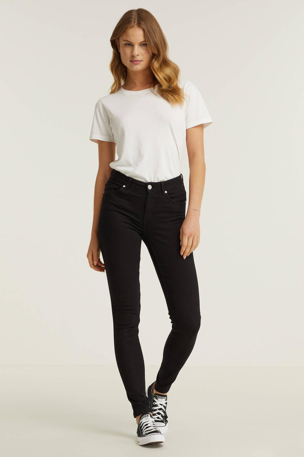 Black denim dames Anytime regular waist skinny jeans van denim met rits- en knoopsluiting en effen