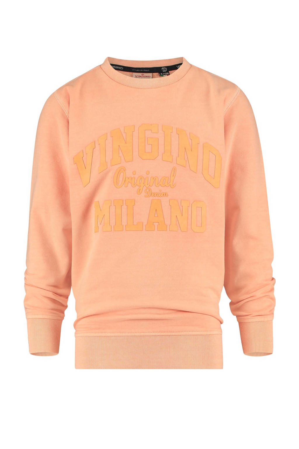 Oranje jongens Vingino Essentials sweater met logo dessin, lange mouwen en ronde hals