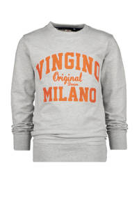 Grijs melange, grijs en oranje jongens Vingino Essentials sweater melange met logo dessin, lange mouwen en ronde hals