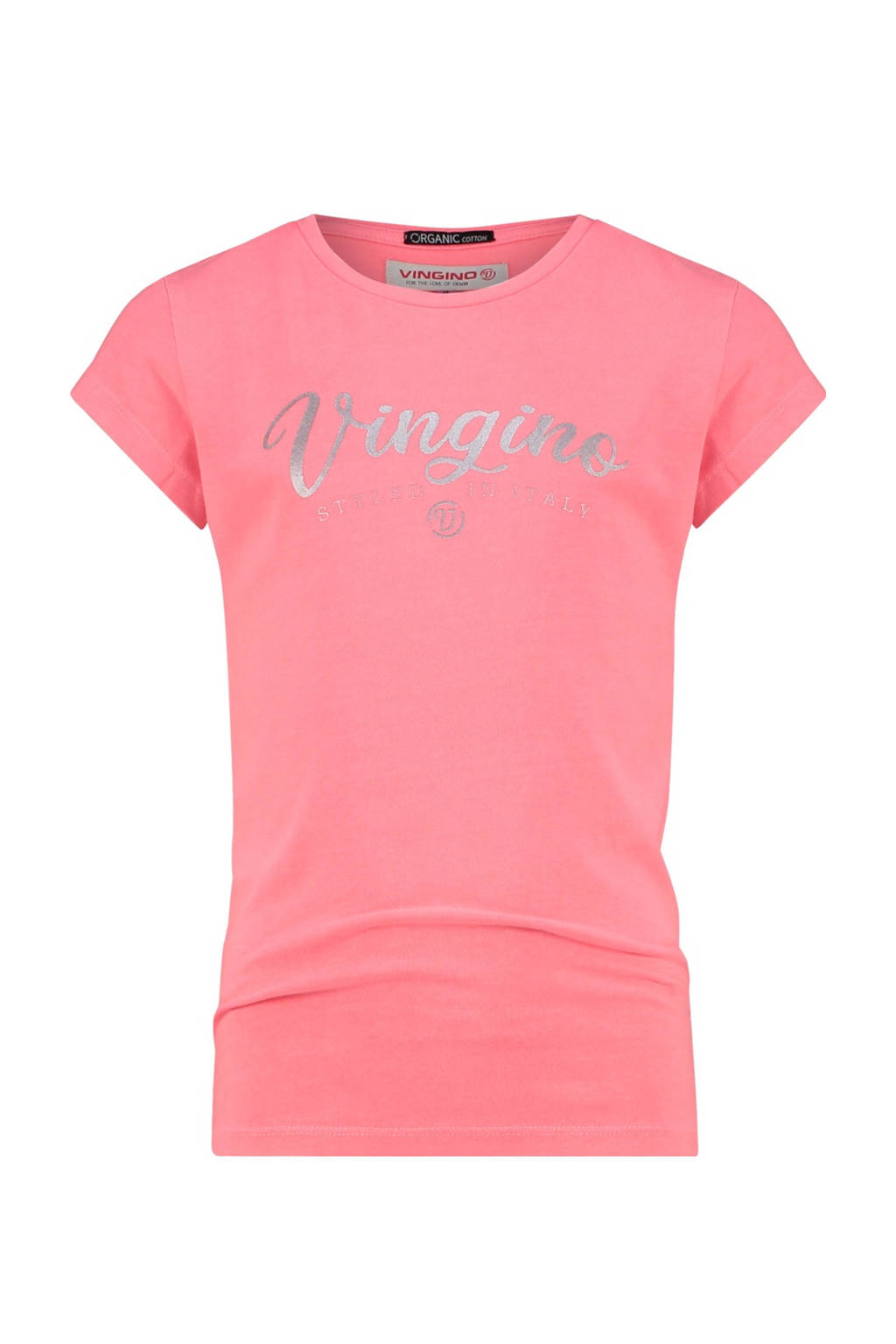 Rode meisjes Vingino Essentials T-shirt van duurzaam stretchkatoen met logo dessin, korte mouwen en ronde hals