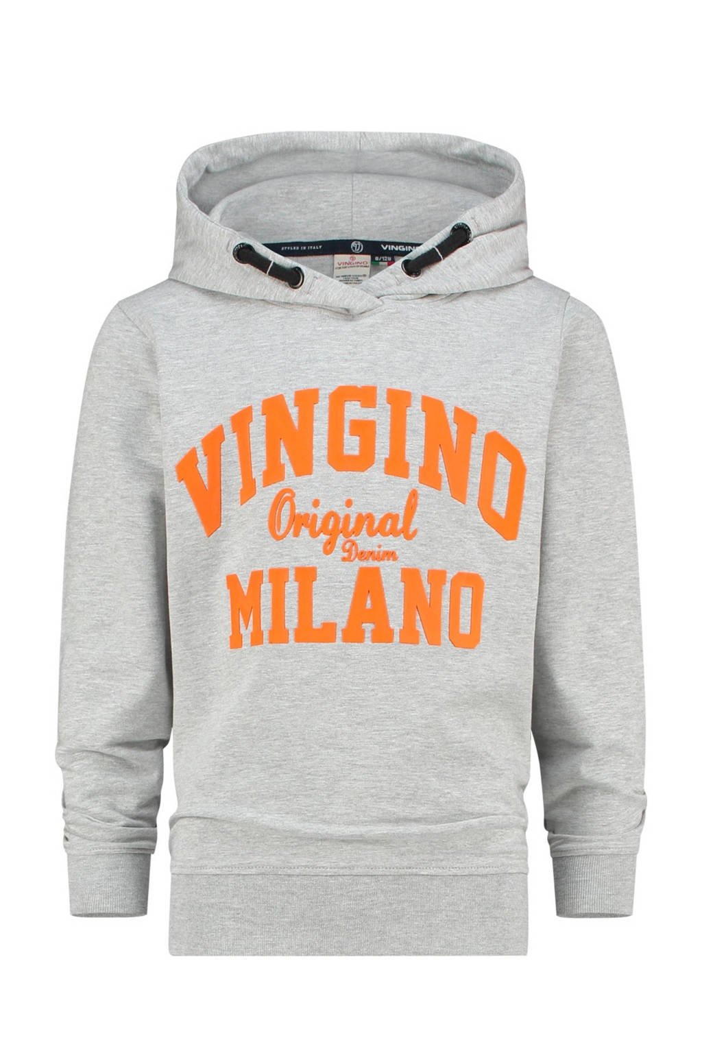 Grijs melange, grijs en oranje jongens Vingino Essentials hoodie melange van sweat materiaal met logo dessin, lange mouwen en capuchon