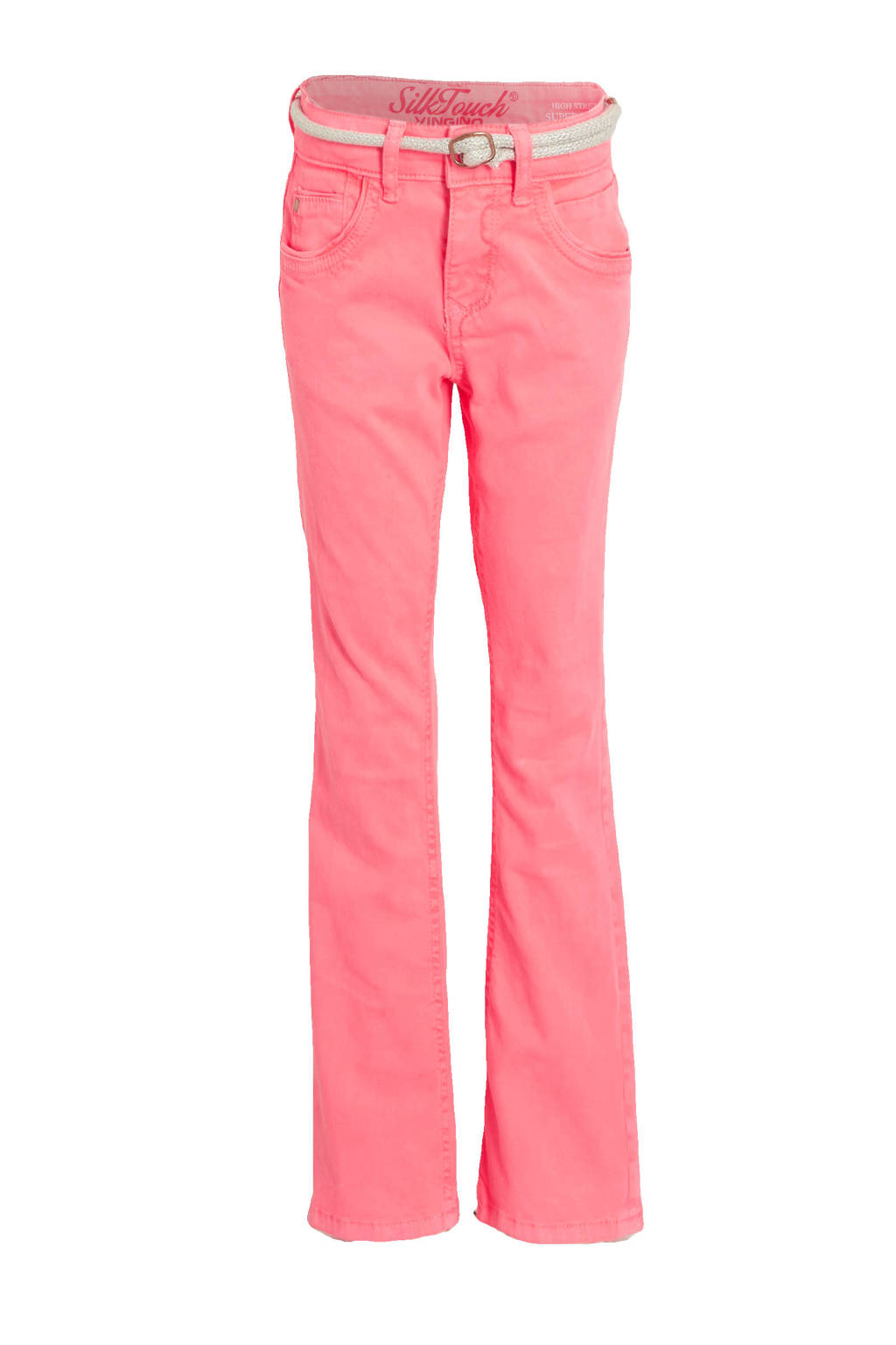 Roze meisjes Vingino high waist flared broek Belize Flare van stretchkatoen met rits- en knoopsluiting