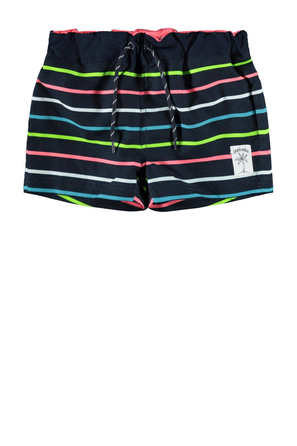 NAME IT MINI gestreepte zwemshort Zimbal donkerblauw/neon, Donkerblauw/neon