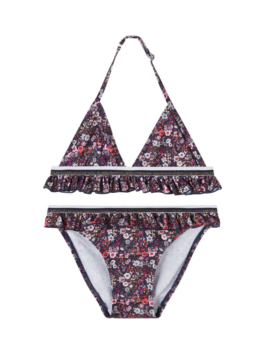 NAME IT KIDS gebloemde triangel bikini Zashan met ruches paars, Paars