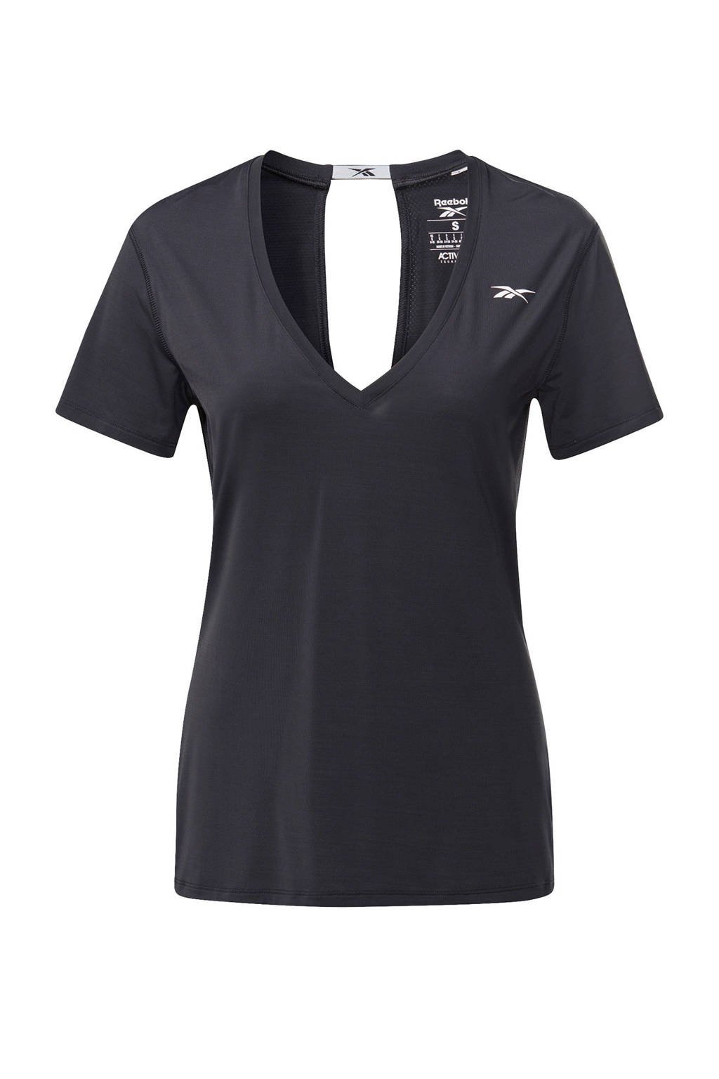 Zwarte dames Reebok Training sport T-shirt van nylon met logo dessin, korte mouwen en V-hals