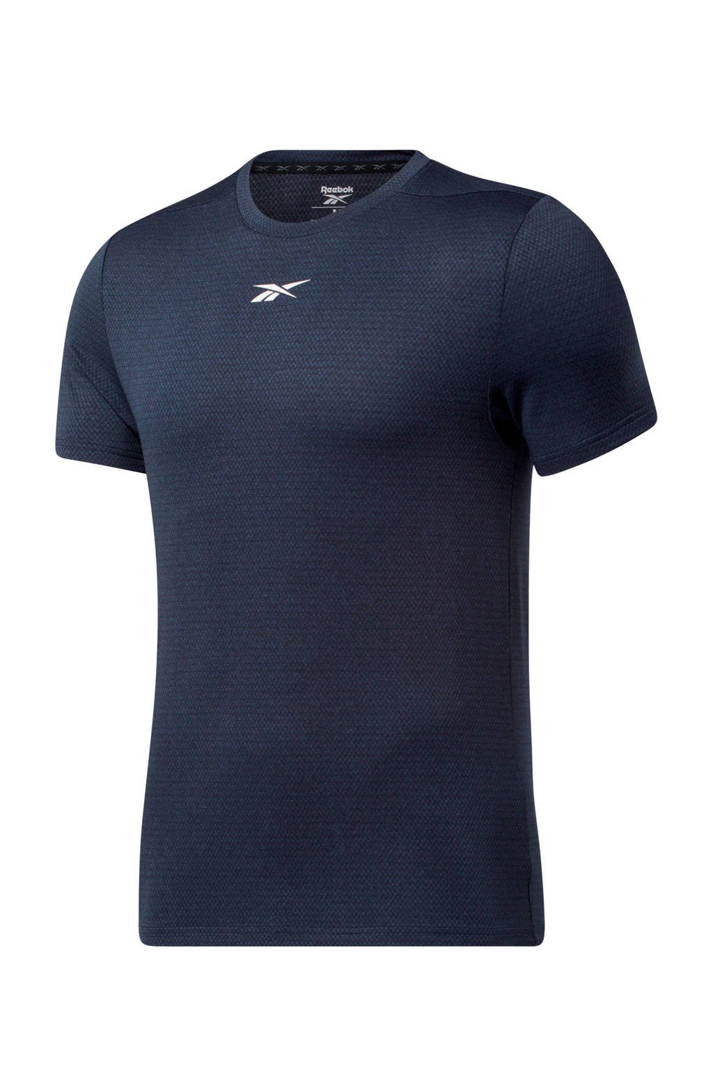 Donkerblauwe heren Reebok Training sport T-shirt van polyester met logo dessin, korte mouwen en ronde hals