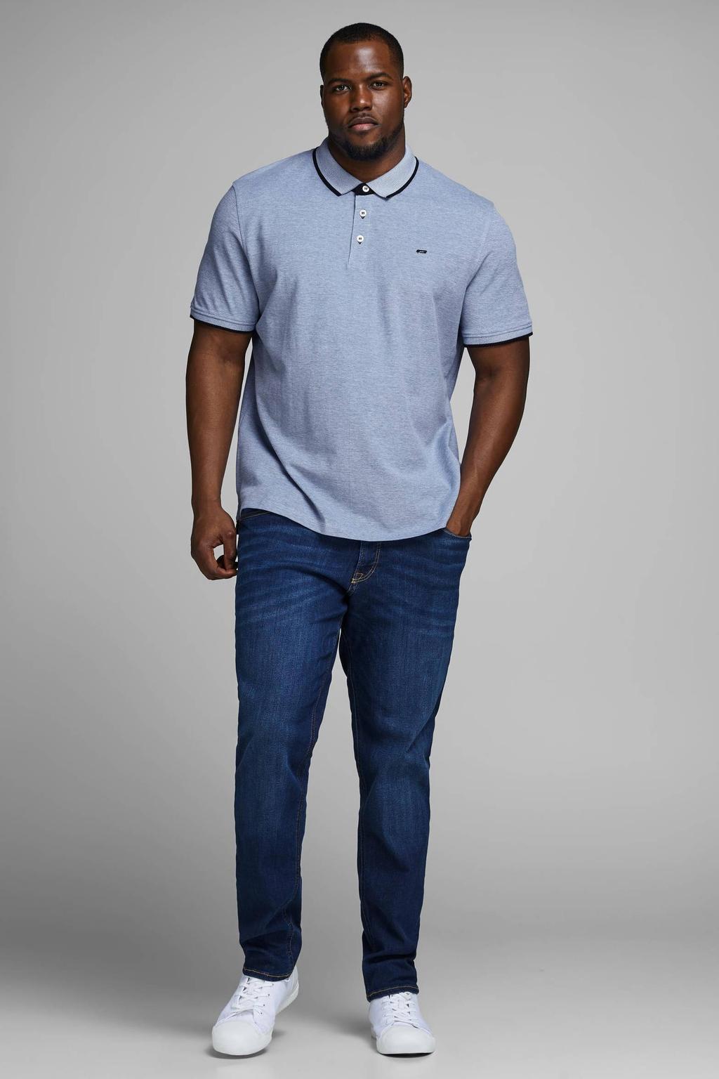 Blauwe heren JACK & JONES PLUS SIZE slim polo Plus Size van katoen met melée print, korte mouwen en contrast bies