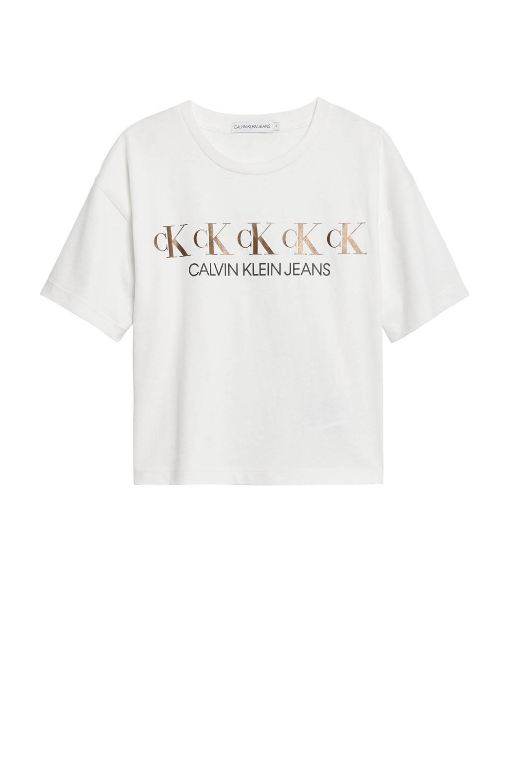 Wit, zwart en gouden meisjes CALVIN KLEIN JEANS T-shirt Logo van biologisch katoen met tekst print, korte mouwen en ronde hals