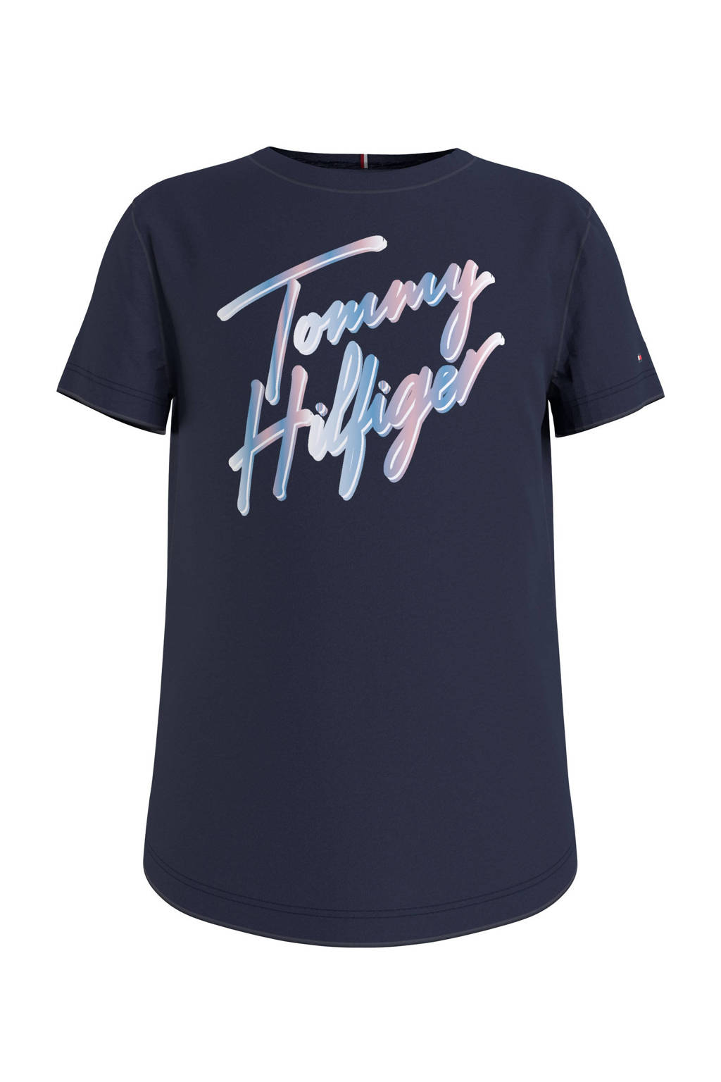 Donkerblauw en lichtroze meisjes Tommy Hilfiger T-shirt van biologisch katoen met tekst print, korte mouwen en ronde hals