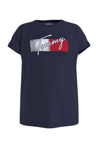 Donkerblauw, rood en witte meisjes Tommy Hilfiger T-shirt van biologisch katoen met korte mouwen en ronde hals