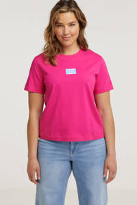 Fuchsia en multikleurige dames CALVIN KLEIN Plus T-shirt van biologisch katoen met korte mouwen, ronde hals en 3D applicatie