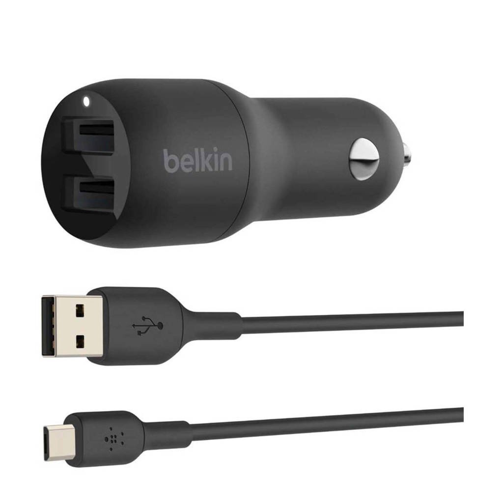 Belkin DUAL USB-A CAR 1 dual USB-A autolader met USB-A/Micro-USB kabel (Zwart)