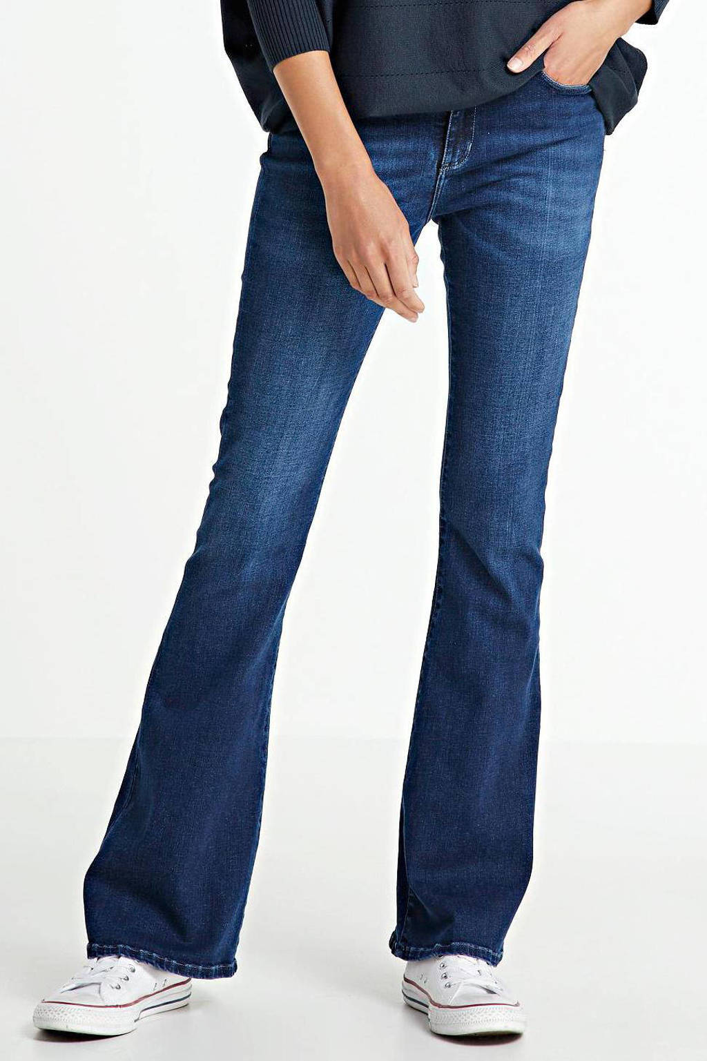 Donkerblauwe dames Lois flared jeans Raval-16 van stretchdenim met regular waist en rits- en knoopsluiting