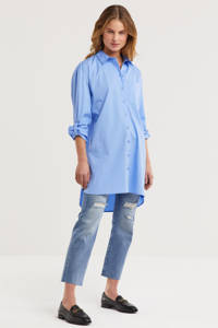 Blauwe dames anytime blouse van katoen met lange mouwen, klassieke kraag, knoopsluiting en oprolfunctie
