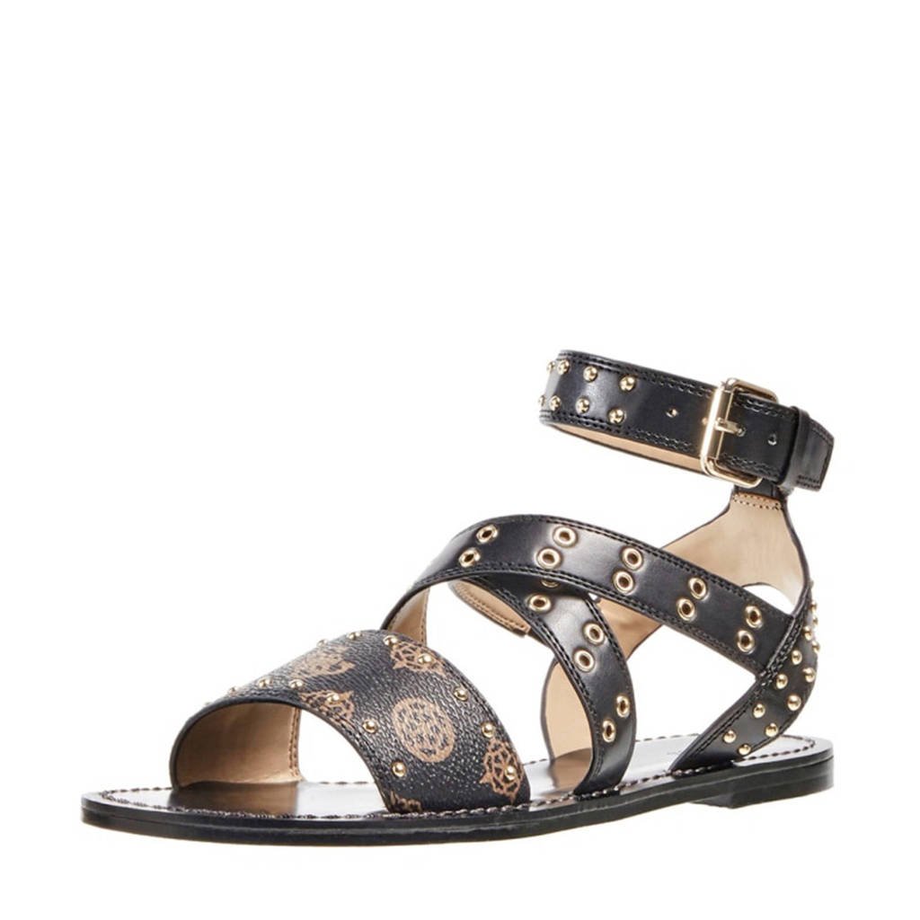 GUESS Cevie 2 sandalen met studs zwart/bruin, Zwart/bruin