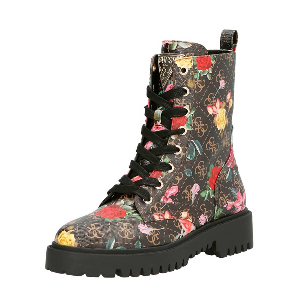 GUESS Olinia veterboots met bloemenprint zwart, Zwart/multi