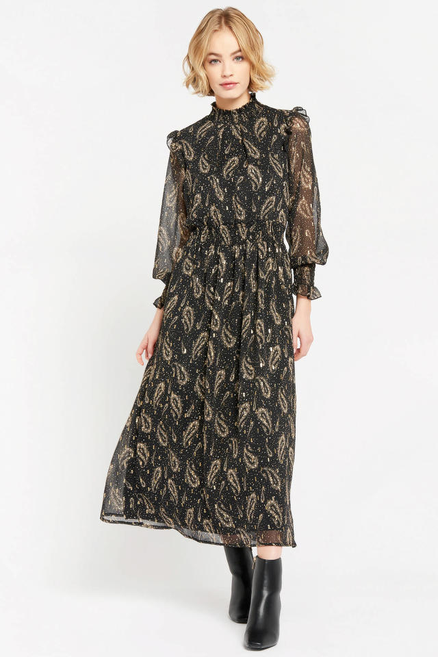 LOLALIZA semi-transparante maxi jurk met glitters en all over print  zwart/goud | wehkamp