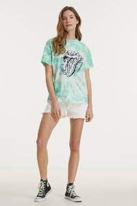 Lichtgroene dames Catwalk Junkie tie-dye T-shirt Rolling Stones Aaliyah van biologisch katoen met korte mouwen en ronde hals