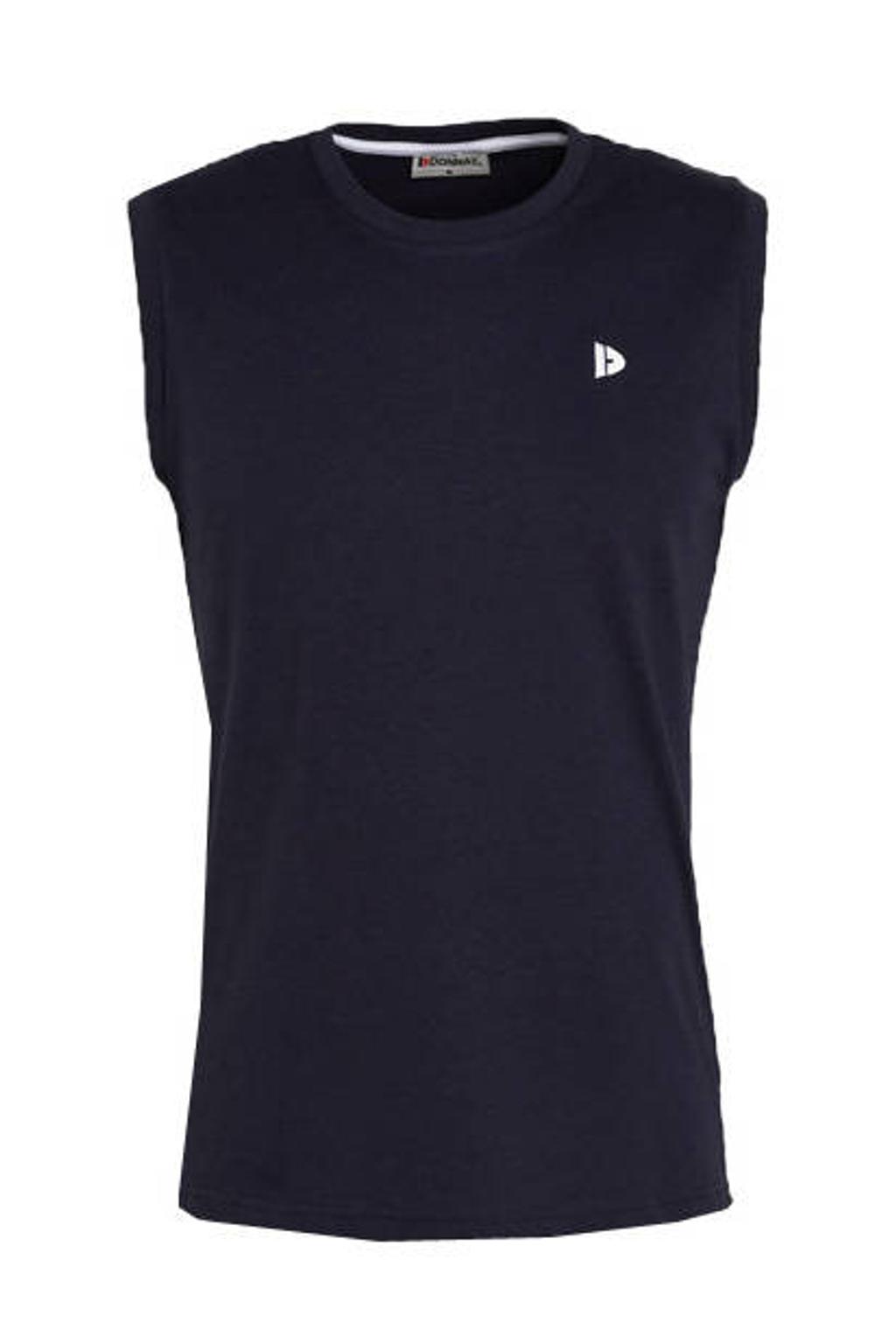 Donkerblauwe heren Donnay sportsinglet Stan van katoen met logo dessin en ronde hals